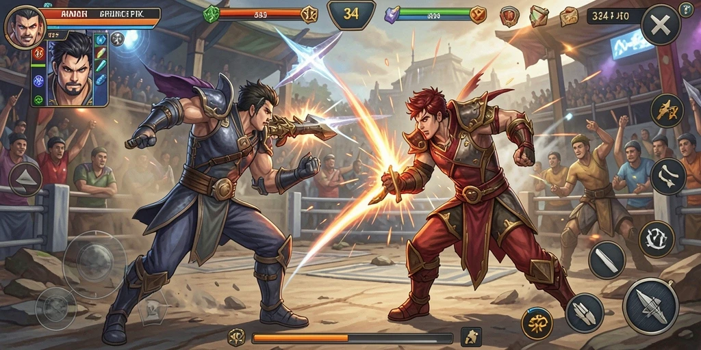Tampilan gameplay mendebarkan dari 34R dalam pertarungan penuh aksi.