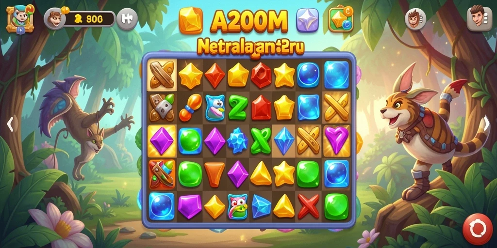 Screenshot A200M menunjukkan gameplay Match-3 yang seru dan penuh warna.