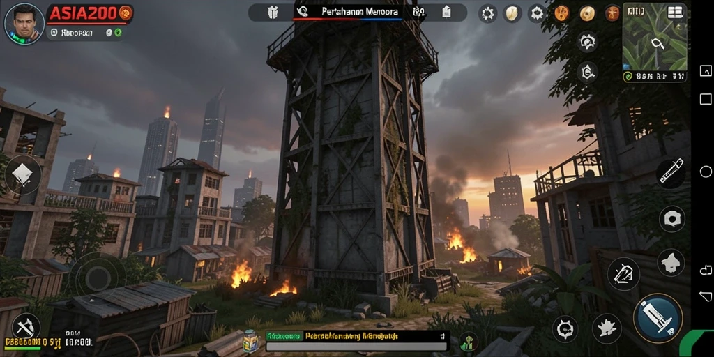 Tampilan gameplay ASIA200 dengan grafik menara yang megah.