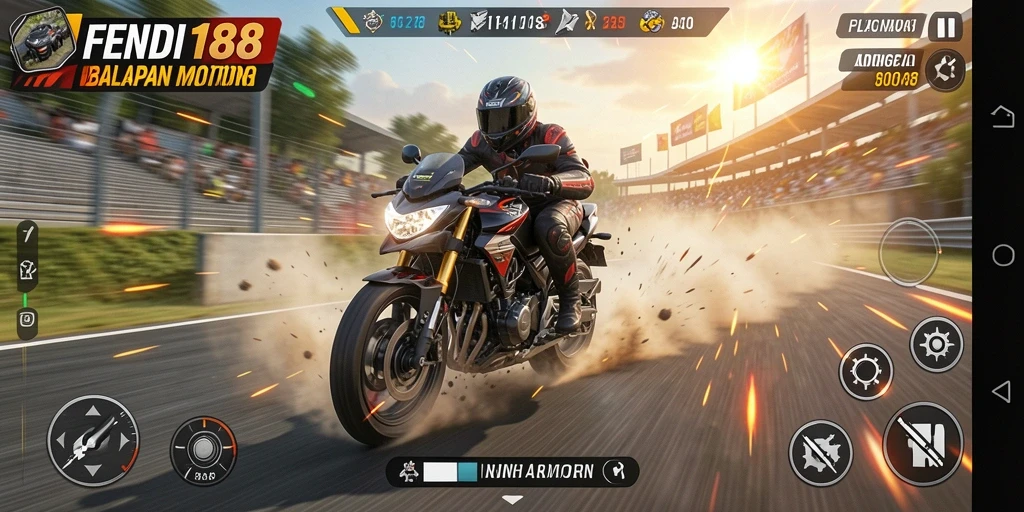 Screenshot FENDI188 menampilkan aksi balapan motor yang intens.
