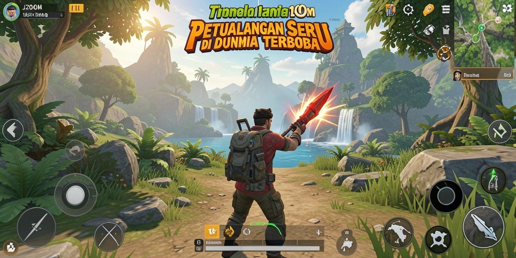 Screenshot utama J200M menampilkan aksi dalam dunia terbuka yang memukau.