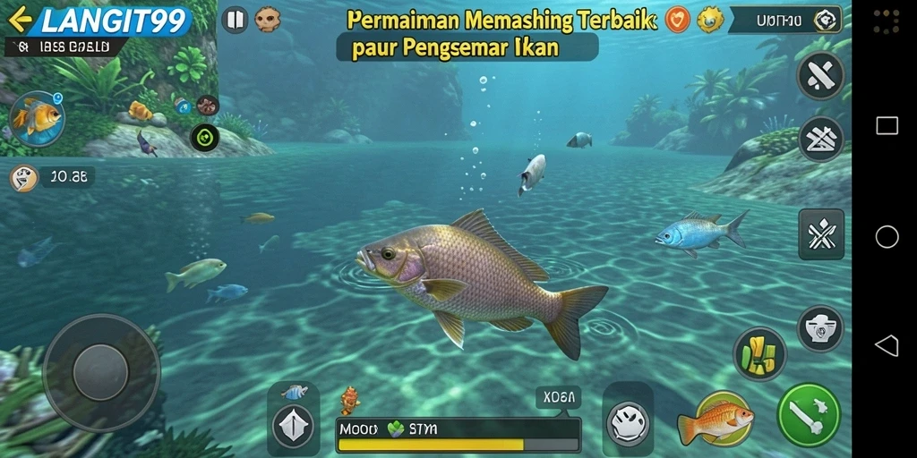 Screenshot LANGIT99 menampilkan aksi seru memancing di lautan yang luas.