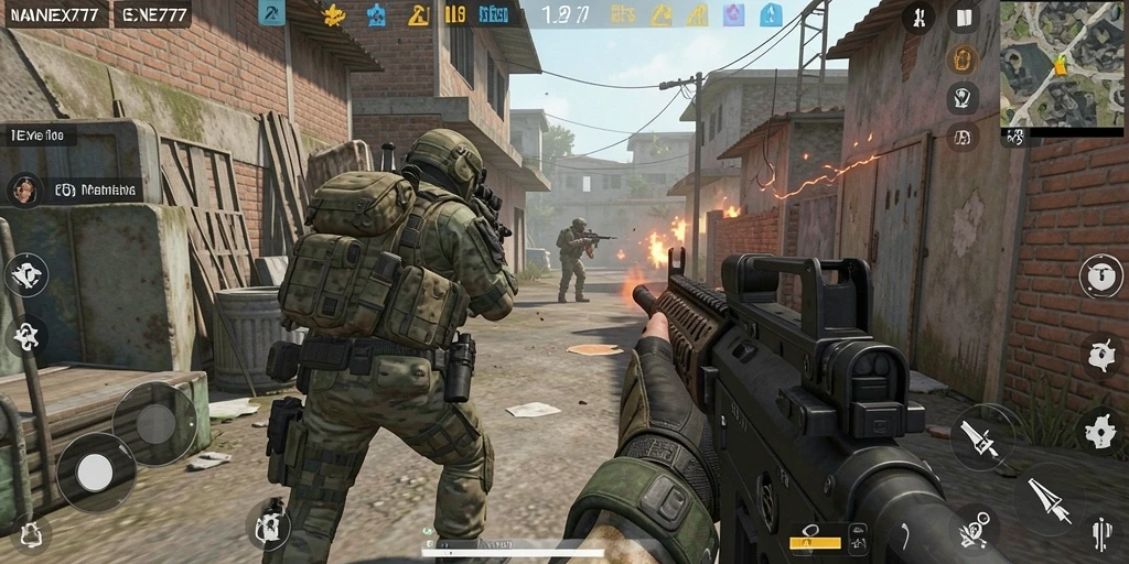 Tangkapan layar NEX777 menampilkan aksi pertempuran FPS yang intens dan mendebarkan.