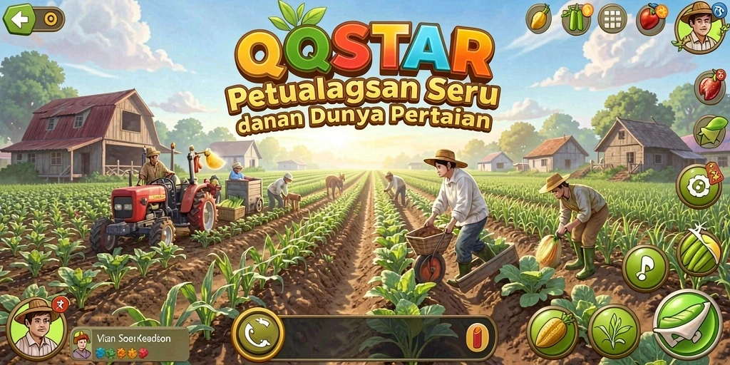 Tampilan gameplay QQSTAR yang menarik dan penuh warna saat bertani.