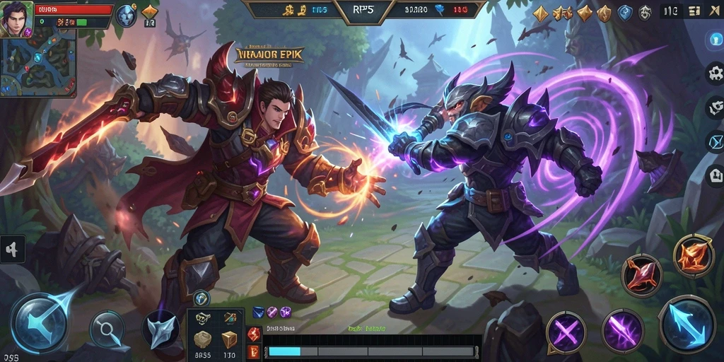Screenshot utama menunjukkan aksi seru dalam gameplay RP55 MOBA.
