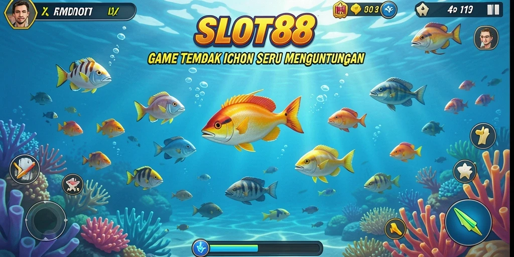 Screenshot gameplay SLOT88 menunjukkan aksi seru menembak ikan.