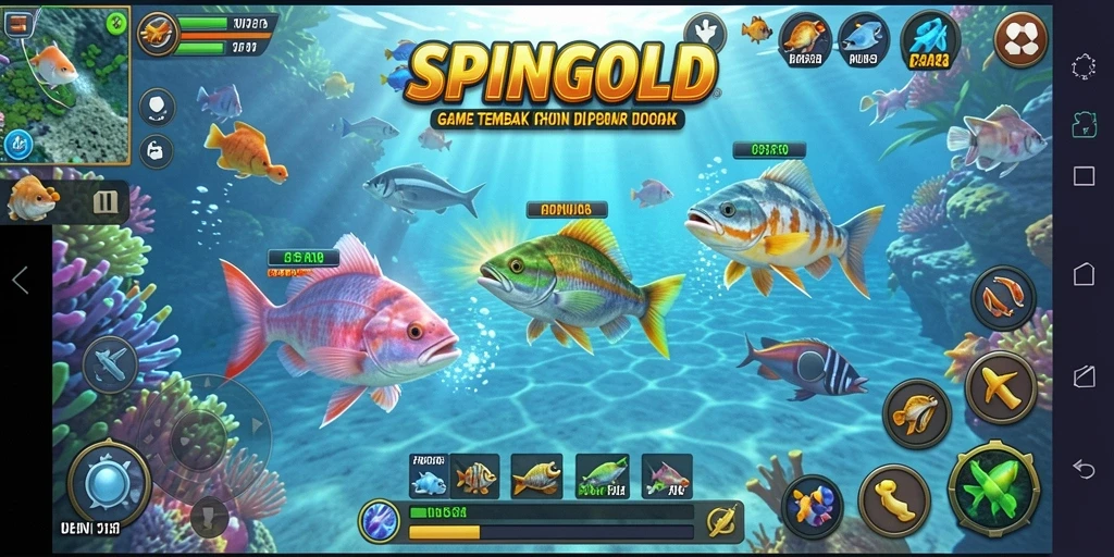 Tampilan gameplay SPINGOLD saat menangkap ikan dengan berbagai alat.